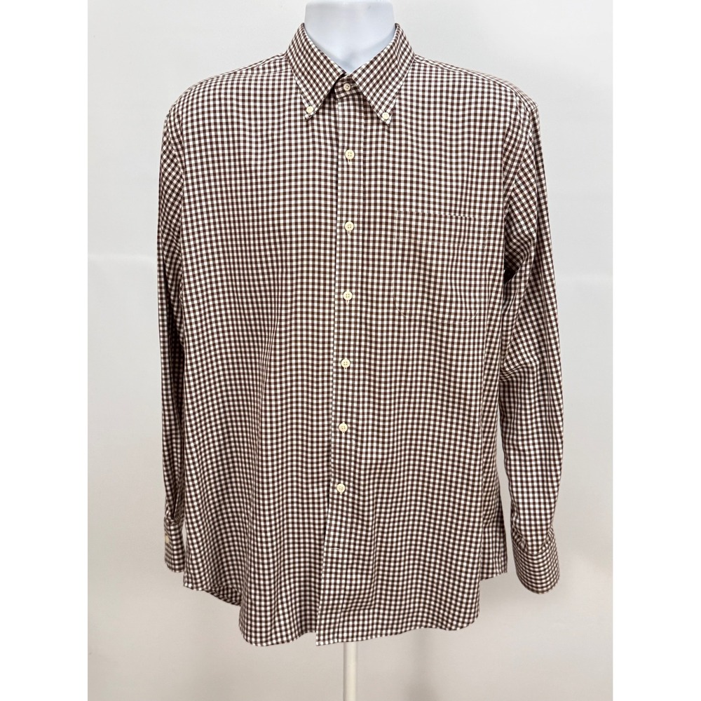 Peter Millar Mens Brown Gingham Check Long Sleeve Button Down Shirt XL Casual